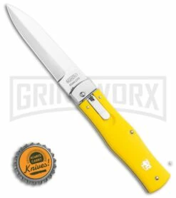 Mikov 241 Predator ABS Yellow Automatic Lever Lock Knife - Polish Plain -Pocket -Hot Sale Euro Knife Store Mikov 241 Predator Lever Lock Automatic Knife Yellow 3.75 Polish Pocket Clip BHQ 117840 LS Bottlecap large