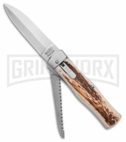 Mikov 241 Predator Stag Horn Lever Lock Automatic Knife W/ Saw - Polish Plain