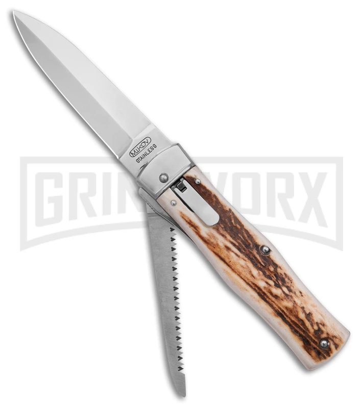 Mikov 241 Predator Stag Horn Lever Lock Automatic Knife W/ Saw - Polish Plain 3 Mikov 241 Predator Stag Horn Lever Lock Automatic Knife W/ Saw - Polish Plain