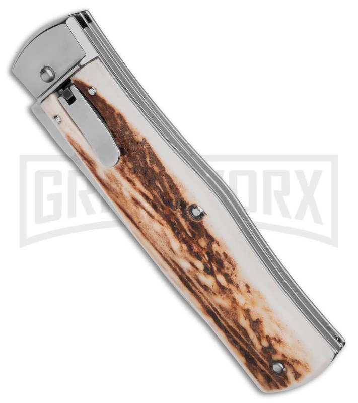 Mikov 241 Predator Stag Horn Lever Lock Automatic Knife W/ Saw - Polish Plain 4 Mikov 241 Predator Stag Horn Lever Lock Automatic Knife W/ Saw - Polish Plain - Image 2