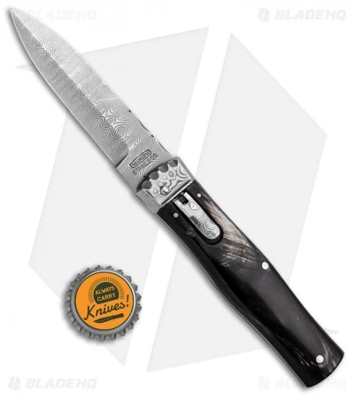 Mikov Panther Lever Lock Automatic Knife Buffalo Horn Bayonet (3.75" Damascus) 6 Mikov Panther Lever Lock Automatic Knife Buffalo Horn Bayonet (3.75" Damascus) - Image 4